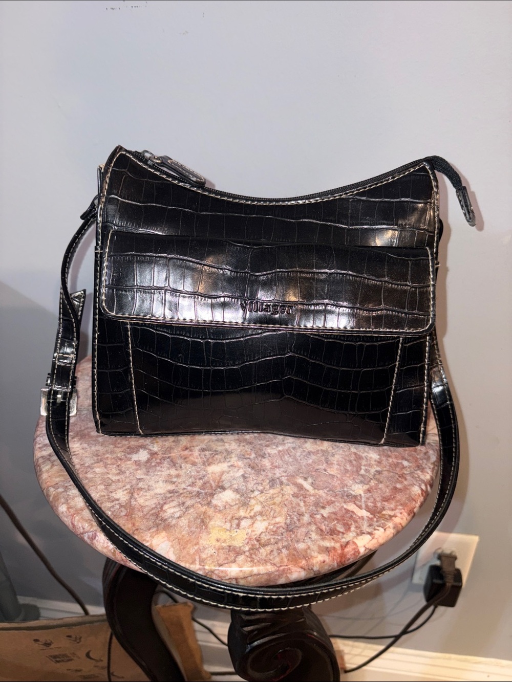Black Croc-Embossed Leather Crossbody Bag by villager